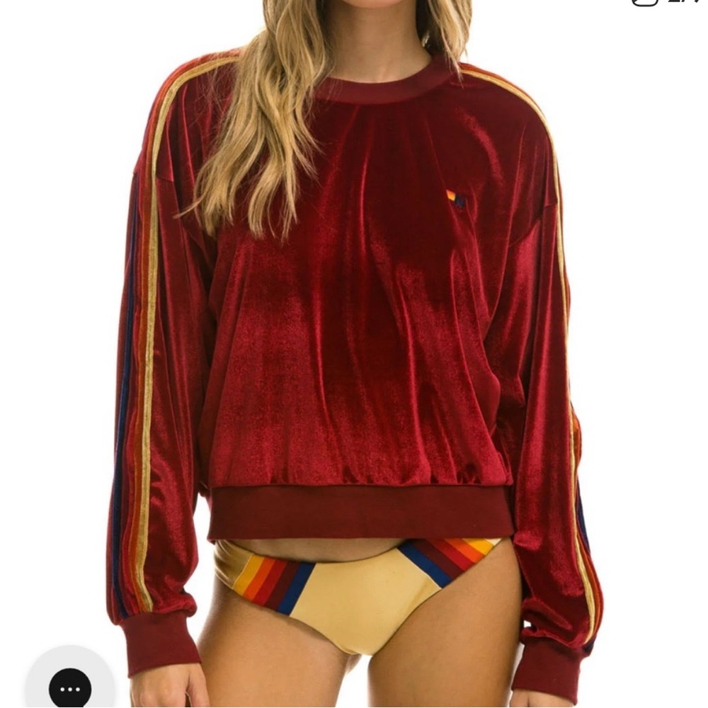 Velvet Red Women's Top with Striped Sleeves